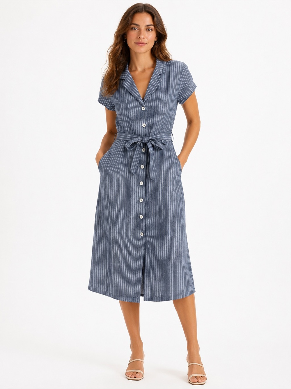 Quince 100% Linen Blue Pinstripe Button Front Belted Midi Shirt Dress M Preppy